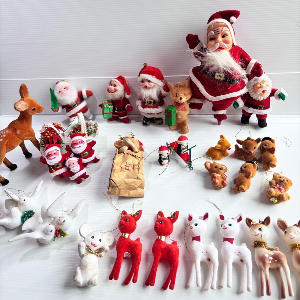 Vintage Christmas Flocked Santa Reindeer Ornament Lot Retro Decor